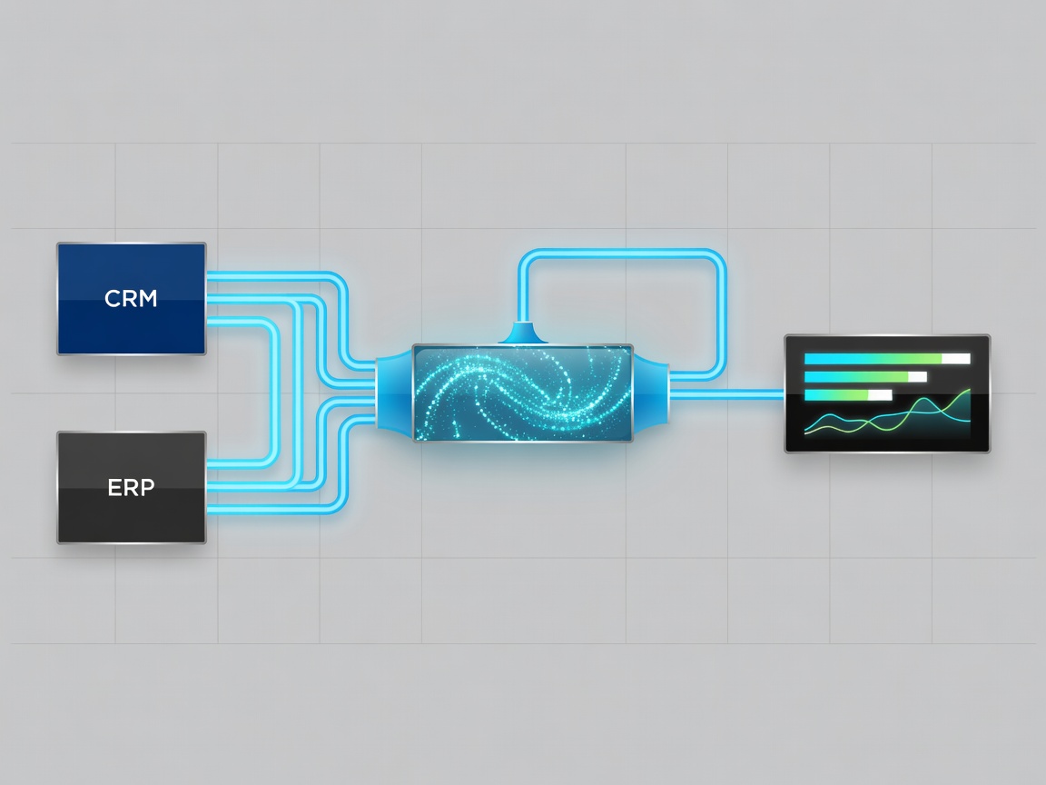 Schematic showing data flowing from CRM and ERP into a data warehouse and finally to a BI dashboard