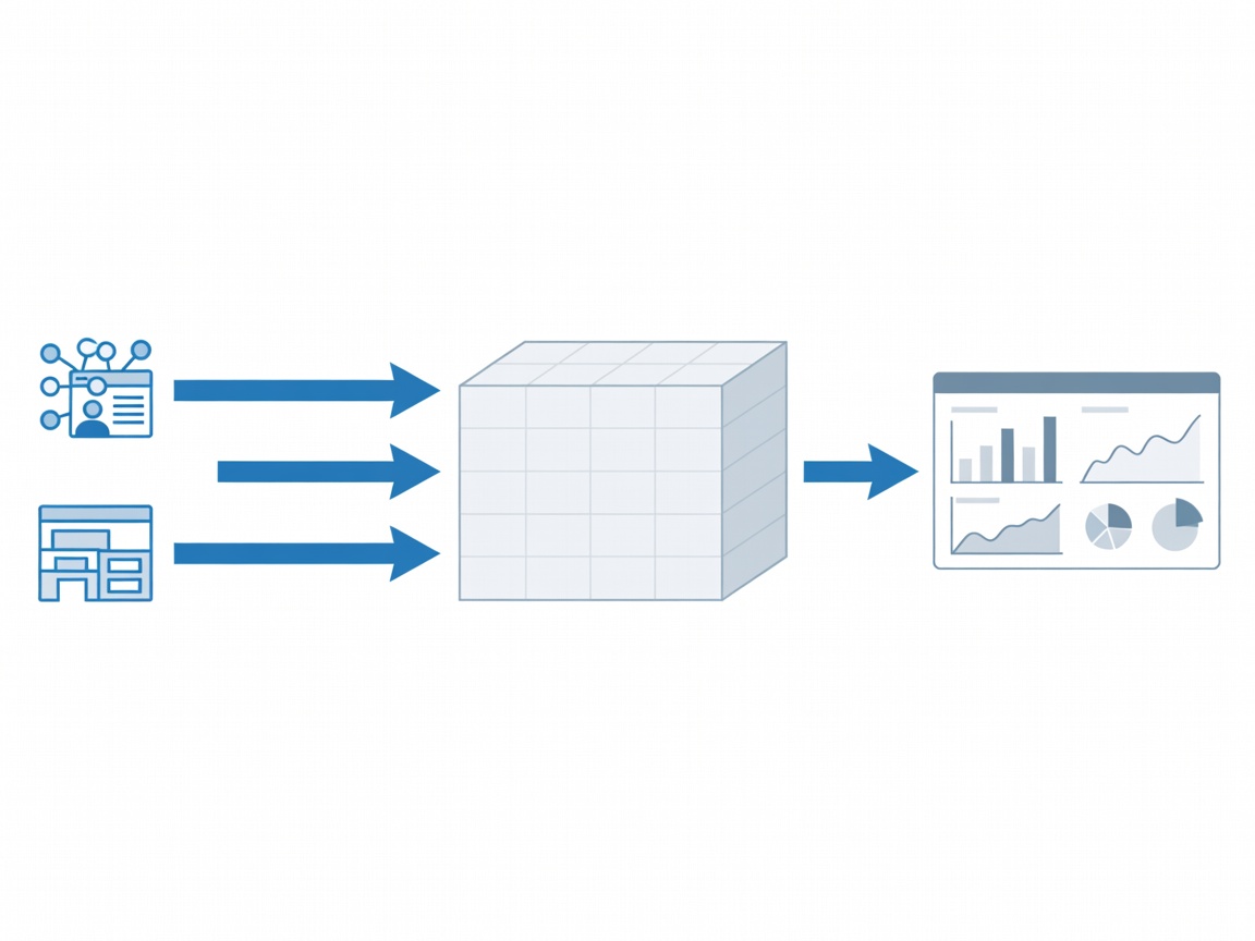 Schematic showing data flowing from CRM and ERP into a data warehouse and finally to a BI dashboard
